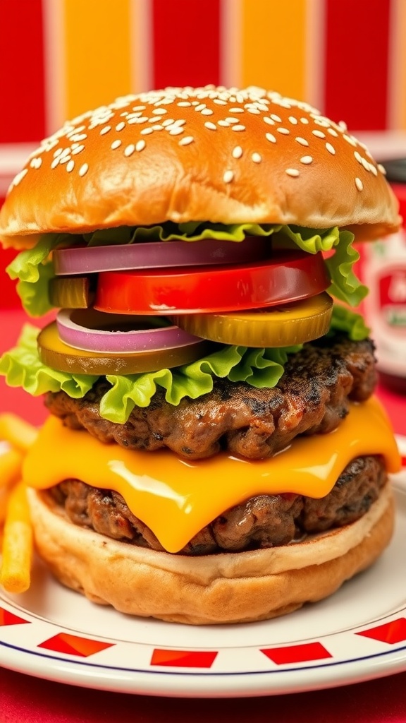 A delicious homemade Whopper burger with fresh toppings on a sesame seed bun, served on a retro diner-style plate.